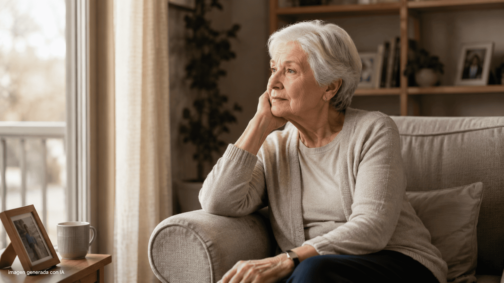 Persona mayor en casa reflejando la necesidad de compañía y apoyo emocional
