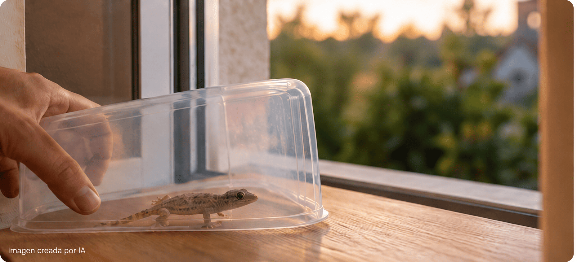 Salamanquesa protegida con un recipiente para ayudarla a salir de casa