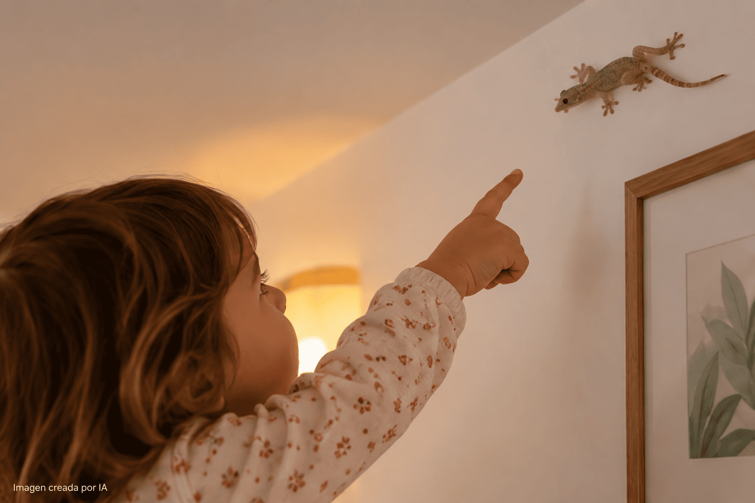 Niña observando una salamanquesa en la parte alta de una pared