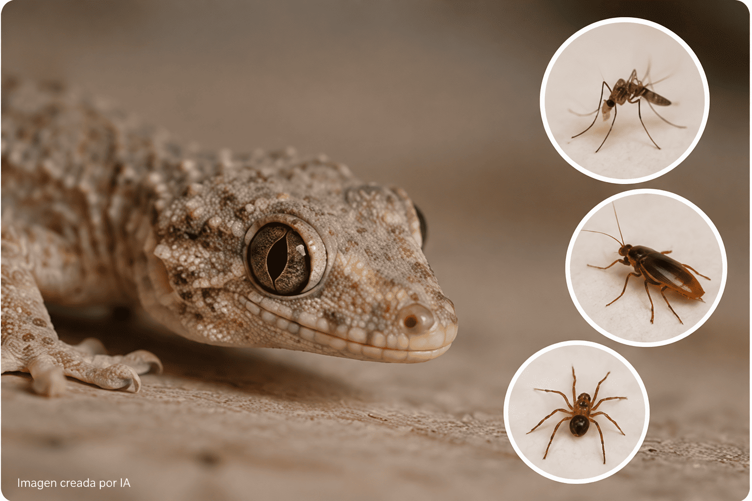 Salamanquesa junto a mosquito, cucaracha y araña